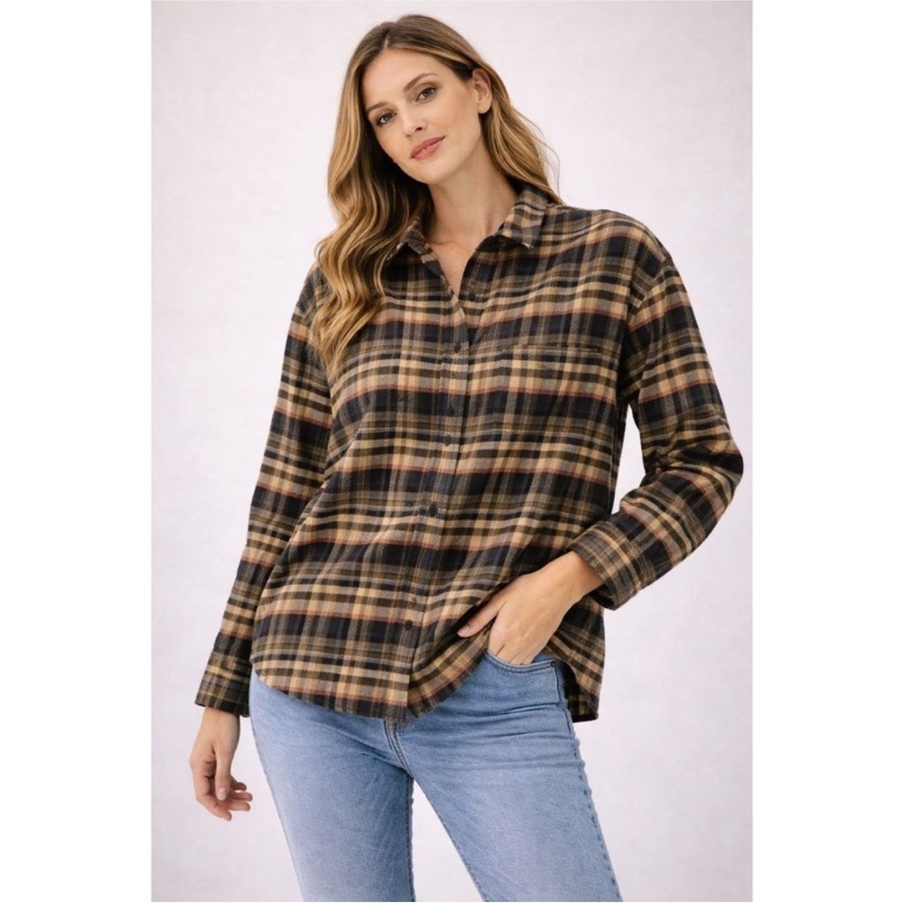 NWT Everlane The Boxy Flannel shirt in a brown multi plaid